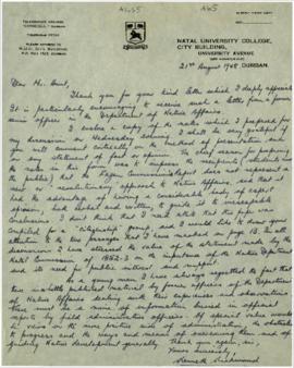 Personal correspondence with Kenneth Kirkune. August 1948. Attached is 'Observations on the repor...