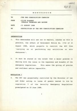 Memorandum to ECC from Clive Plasket of Cheadle, Thompson and Haysom re Restriction of ECC