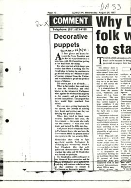 Press Cutting, Sowetan (26 August 1987) Decorative Puppets