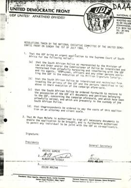 Resolutions taken by UDF NEC, 1 July 1984 re urgent application to Supreme Court against SAP hara...