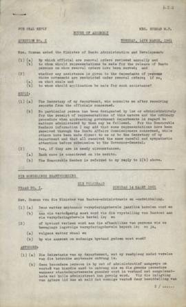 List of questions posed by Mrs Suzman and Mr Cope in the House of Assembly