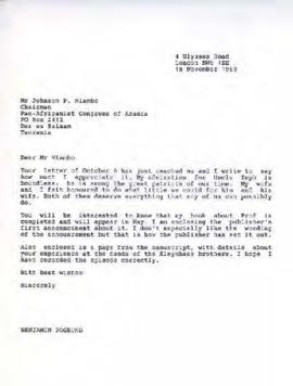Benjamin Pogrund, London: Letter Johnson P Mlambo, Pan-Africanist Congress of Azania (PAC)