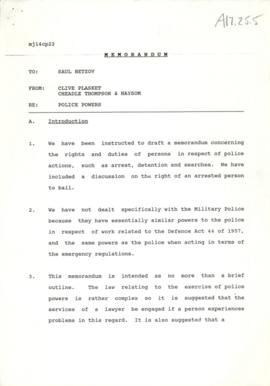 Memorandum regarding police power, to Saul Betzov from C. Plasket and C. Thompson