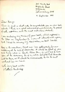 Matthew Kentridge: Letter to 'Benjie' from Matthew Kentridge, Johannesburg