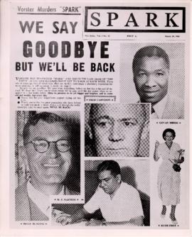Front Page of SPARK, featuring, Brian Bunting, R. First, F. Carneson, G Mbeki and M.P. Naicker