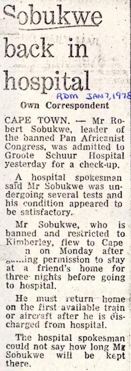 Rand Daily Mail: Sobuukwe back in hospital