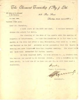[Illegible], Secretary of the Clermont Township (Pty) Ltd to Champion