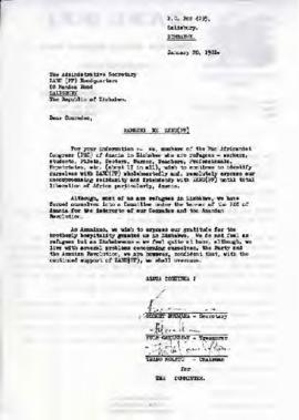 PAC, Zimbabwe and ZANU (PF): Letter to Zanu (PF) from PAC committee in Zimbabwe, overleaf is lett...
