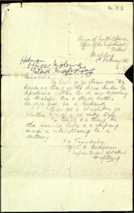 Circular letter to Headman, Officer Molema from C H Nicholson (Superintendent of Natives, Mafeking)
