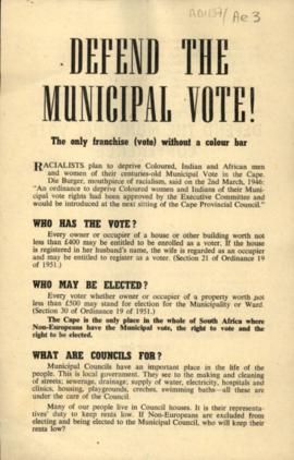 Defend the Municipal Vote Conference, 21 April, 1956. Invitation to attend, issued by FEDSAW
