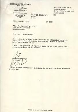 M Robin: Cover letter to Adv Unterhalter from Singer, Horwitz etc