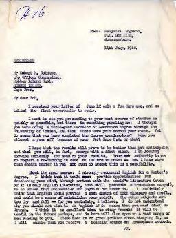 Benjamin Pogrund: Letter to RM Sobukwe (copy) and registered post certificate (original) and one ...
