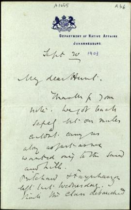 Letter from SA Godfrey Lagden, 20 September 1903, regarding post South African War problems; recr...