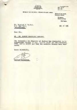Letter to Raymond Tucker acknowledging receipt of letter, from the Minister of Justice