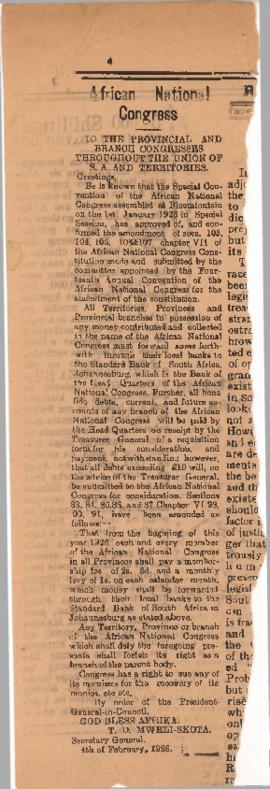 Newspaper clip with article by Mweli Skota relating to Provincial and Branch Congresses
