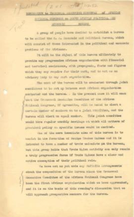 Memorandum to Transvaal Executive Committee of A.N.C.