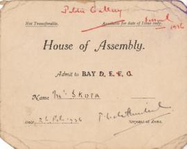 Card and envelope admitting Skota to a session of the House of Assembly, Public Gallery