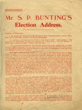 Printed advertisement with the election address of S.P. Bunting, when he ran as a Communist candi...