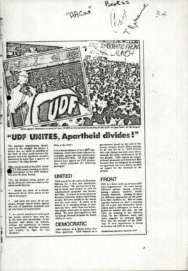 UDF Pamphlet "UDF Unites, Apartheid Divides"