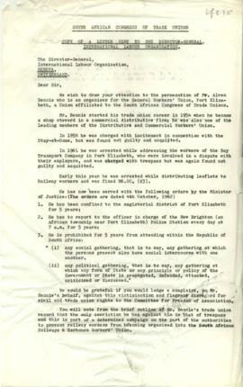 Copy of a letter sent to the Director-General, ILO, re the persecution of A. Bennie