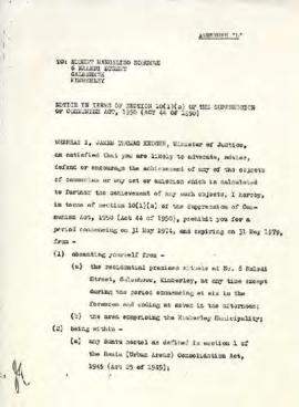 Annexure L: Notice served on RM Sobukwe in terms of Section 10(1)(a) of the Suppression of Commun...