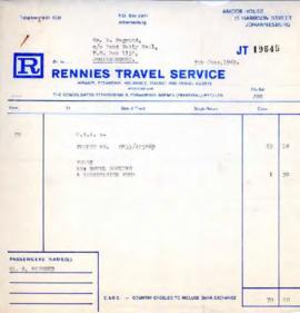 Rennies Travel Service: Invoice JT 19645 fro B Pogrund, with receipt for R70.60