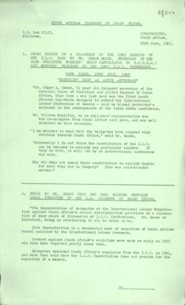 Press report of a statement on the 1963 session of the ILO made by Edgar Deane, Secretary of the ...