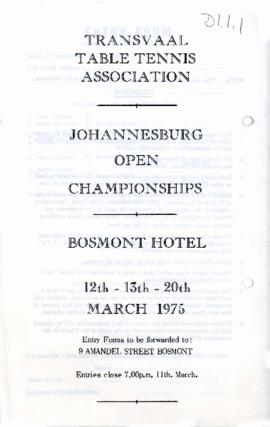 Information leaflet on Transvaal Table Tennis Association Open Championships in Johannesburg, Mar...