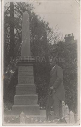 S T Plaatje at memorial to Saul Solomon, England. On verso, postcard to Mr Morgan, Eastbourne re ...