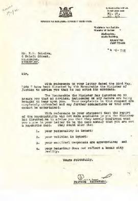 Minister of Justice: Letter to Robert Sobukwe, Kimberley