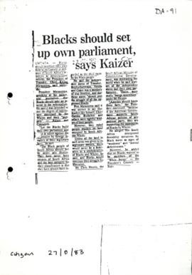 Press Cutting, Citizen, (27/9/1983) Blacks should set up own Parliament says Kaiser