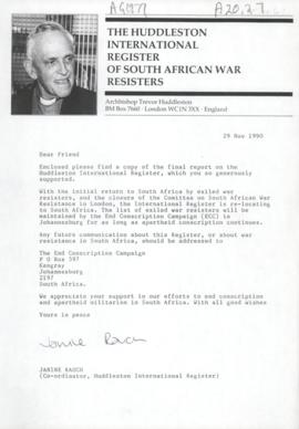 Report of the Huddleston international register of South African war resistors
