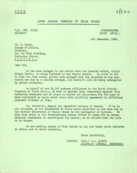 Letter to F. Moran, Charge d'Affaires, Pretoria, protesting at the torture of a Spanish worker by...