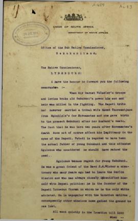 Memorandum to the Native Commissioner Lydenburg from Hunt, concerning developments within the Bap...