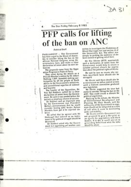 Press Cutting, The Star (8/2/1985). PFP calls for lifting of ban on ANC