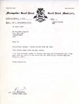 Acting Town Clerk, Graaff-Reinet: Letter to B Pogrund