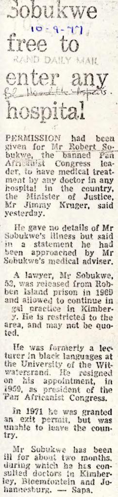 Rand Daily Mail: Sobukwe free to enter any hospital