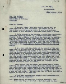 Letter to "Mr Coetzee" from the Merensky Library in Pretoria on "South African Nat...