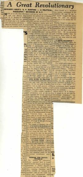 Newspaper clips with obituaries for S.P. Bunting, written by Edward Roux, as well as reviews of S...