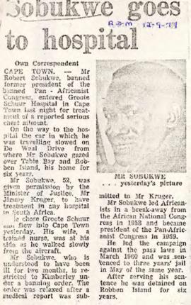 Rand Daily Mail: Sobukwe goes to hospital