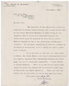 Letters from Edgar (Brookes) to A. Paton re conferral of Honorary Degrees upon outstanding non-Eu...