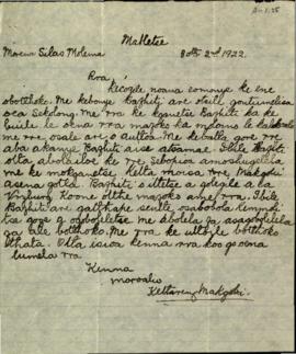 Letter addressed "Morena Silas Molema"