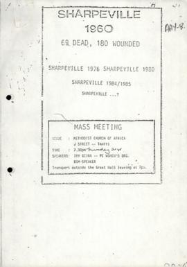 Pamphlet issued by BSM Women's Group (Grahamstown): Sharpeville 1960 - Mass Meeting