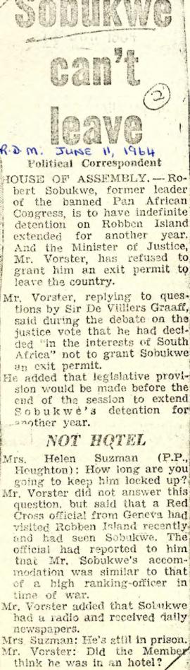 Rand Daily Mail: Sobukwe can't leave