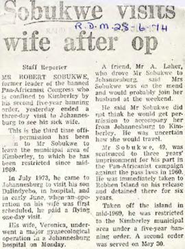 Rand Daily Mail: Sobukwe visits wife after op