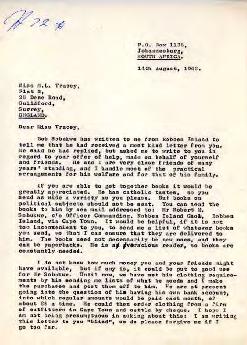 Benjamin Pogrund: Letter to Miss ML Tracey