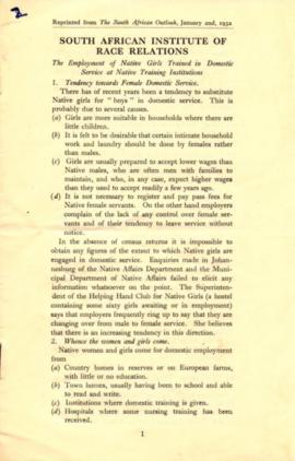 African Working Women on the Rand: Conditions, 1940 - Training and accommodation of domestic work...