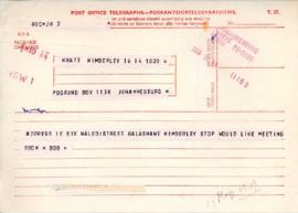 Robert Sobukwe: Telegram to B Pogrund from Kimberley, and two transcripts