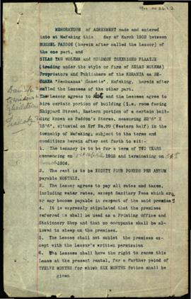 1902 March Memorandum of agreement between Russell Paddon, lessor, Silas Tau Molema and Solomon T...