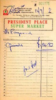 President Place Super Market: Invoice for groceries for Mr Pogrund